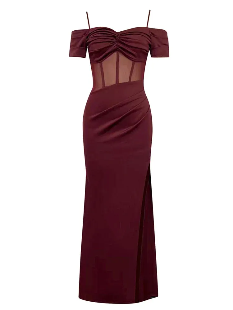 Maricia Off Shoulder Mesh Patchwork Burgundy Gown Dress