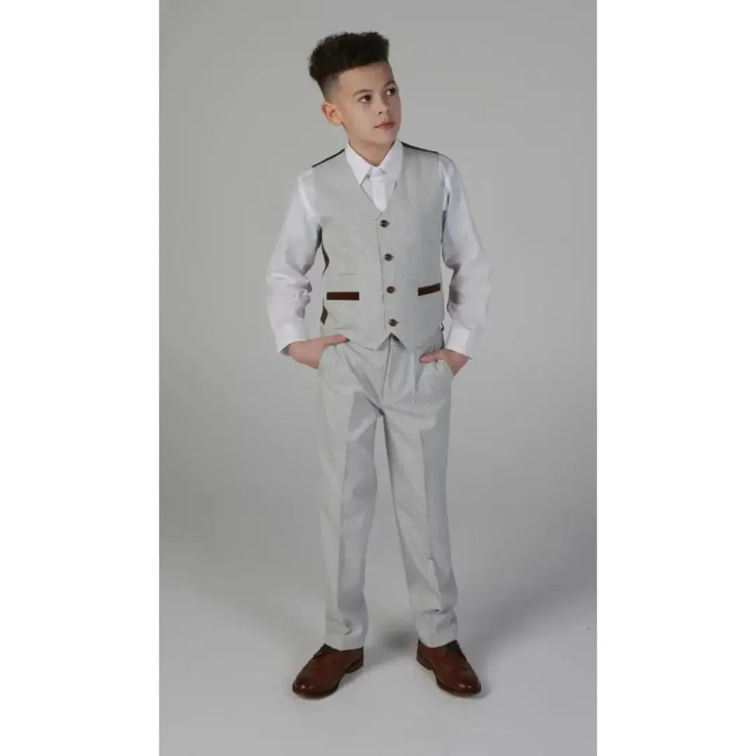 Mark - Boy's Grey Stone 3 Piece Tweed Check Suit