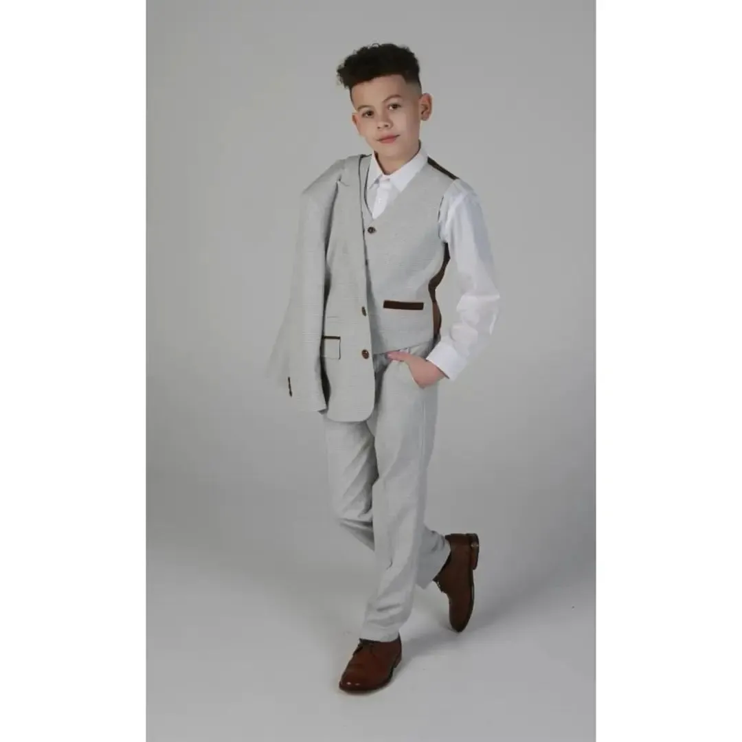 Mark - Boy's Grey Stone 3 Piece Tweed Check Suit