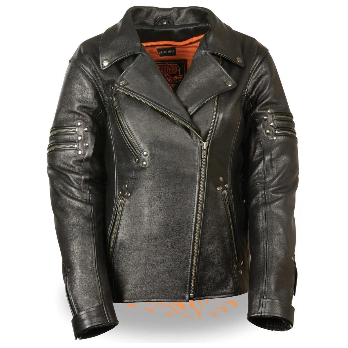 Milwaukee Leather MLL2585  Women's Fitted Belt-less Black Leather Motorcycle Jacket with Rivet Detailing and Gun Pockets