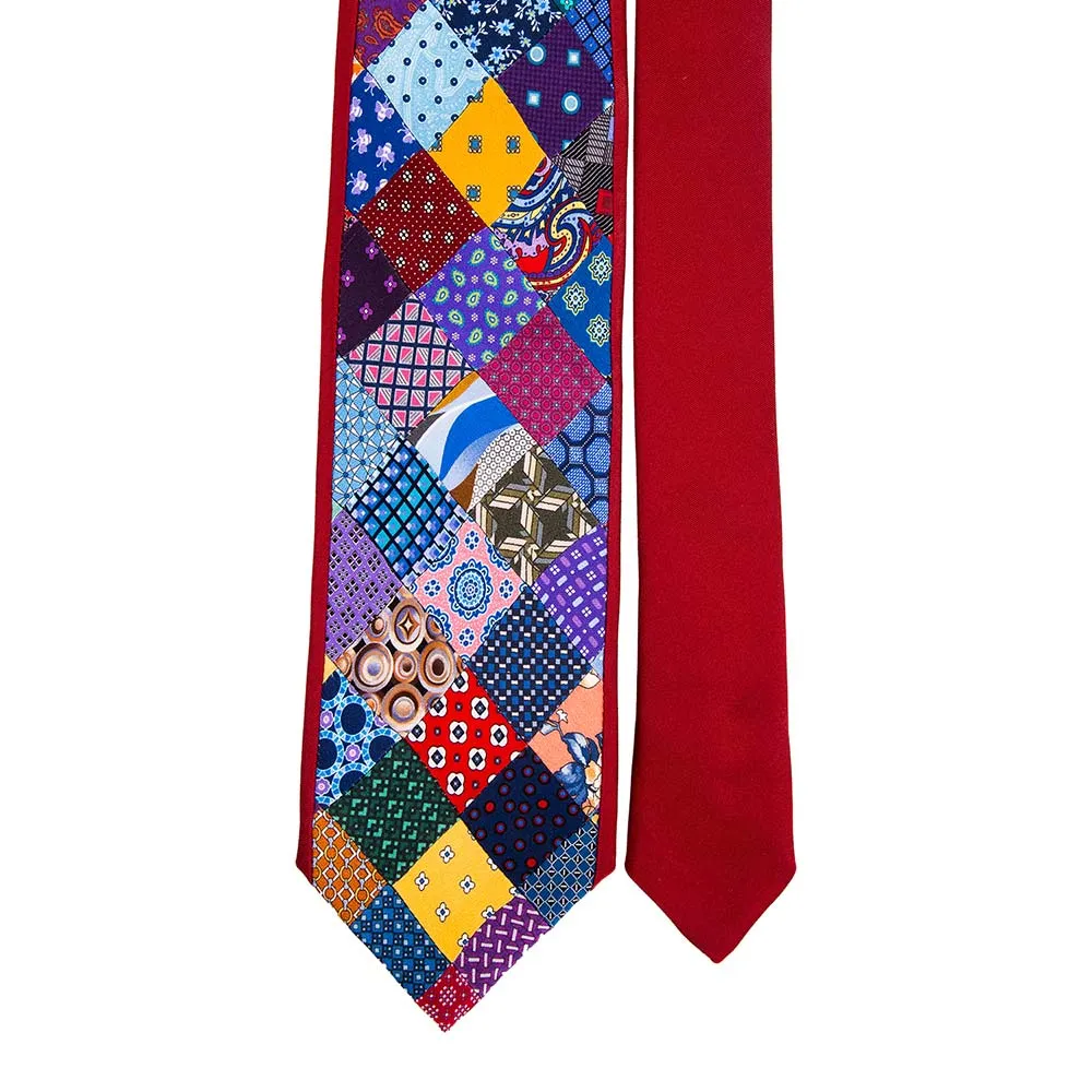 Multi Colour Patchwork Red Bordered Silk Tie