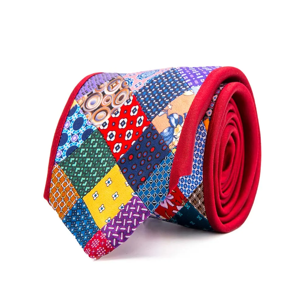 Multi Colour Patchwork Red Bordered Silk Tie