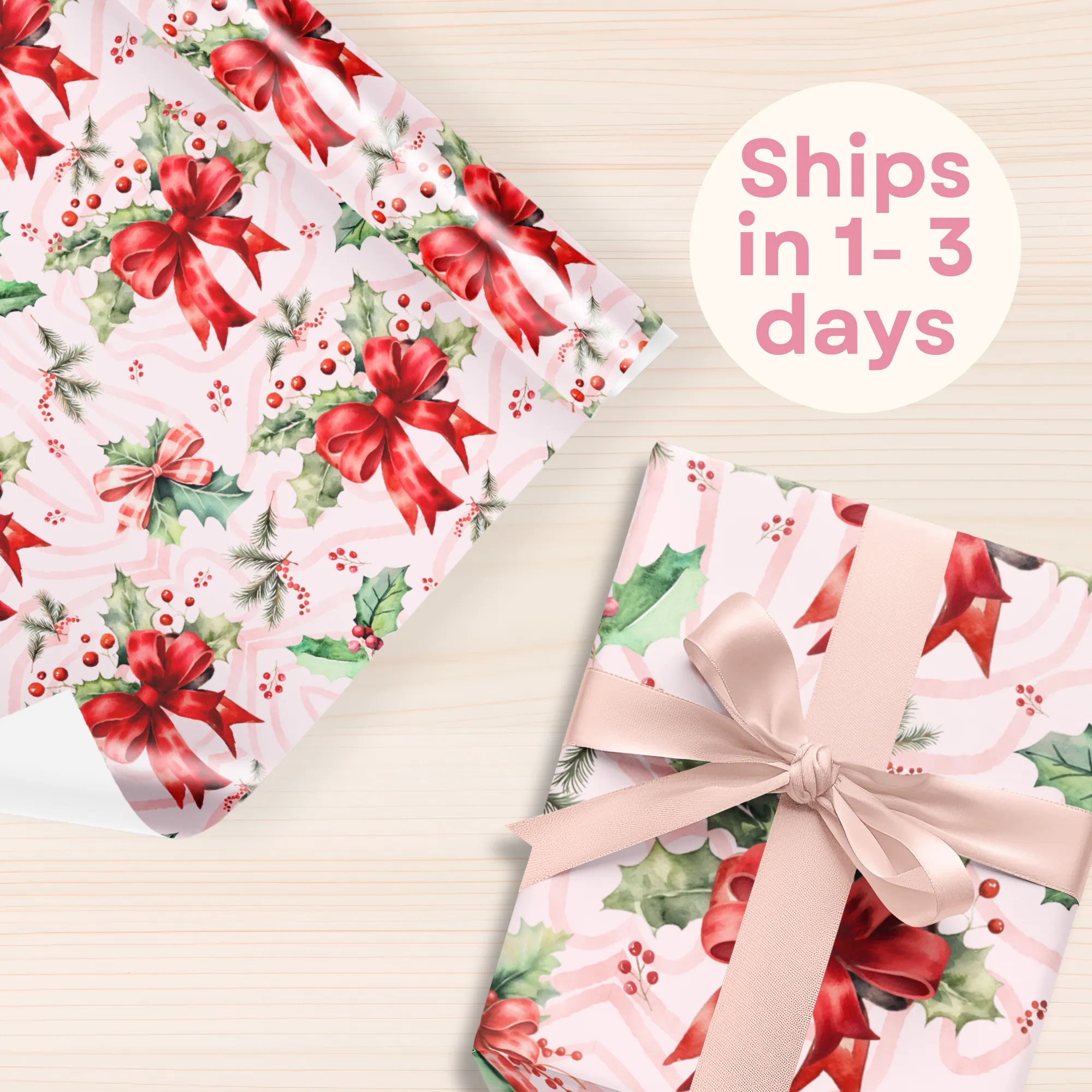 Pink Mistletoe Magic | Holiday Wrapping Paper Roll Christmas Gift Wrap Elegant Christmas Themed Decorative Paper for Eco-Friendly Holiday Gifting