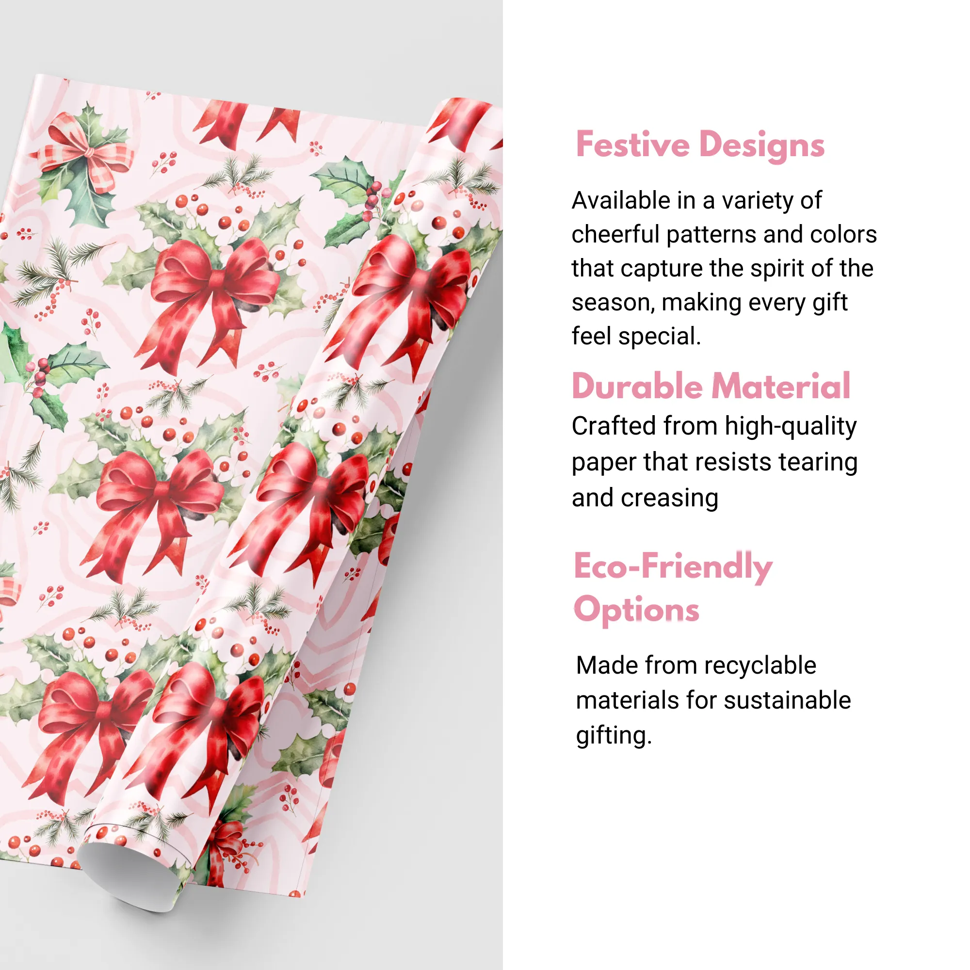 Pink Mistletoe Magic | Holiday Wrapping Paper Roll Christmas Gift Wrap Elegant Christmas Themed Decorative Paper for Eco-Friendly Holiday Gifting