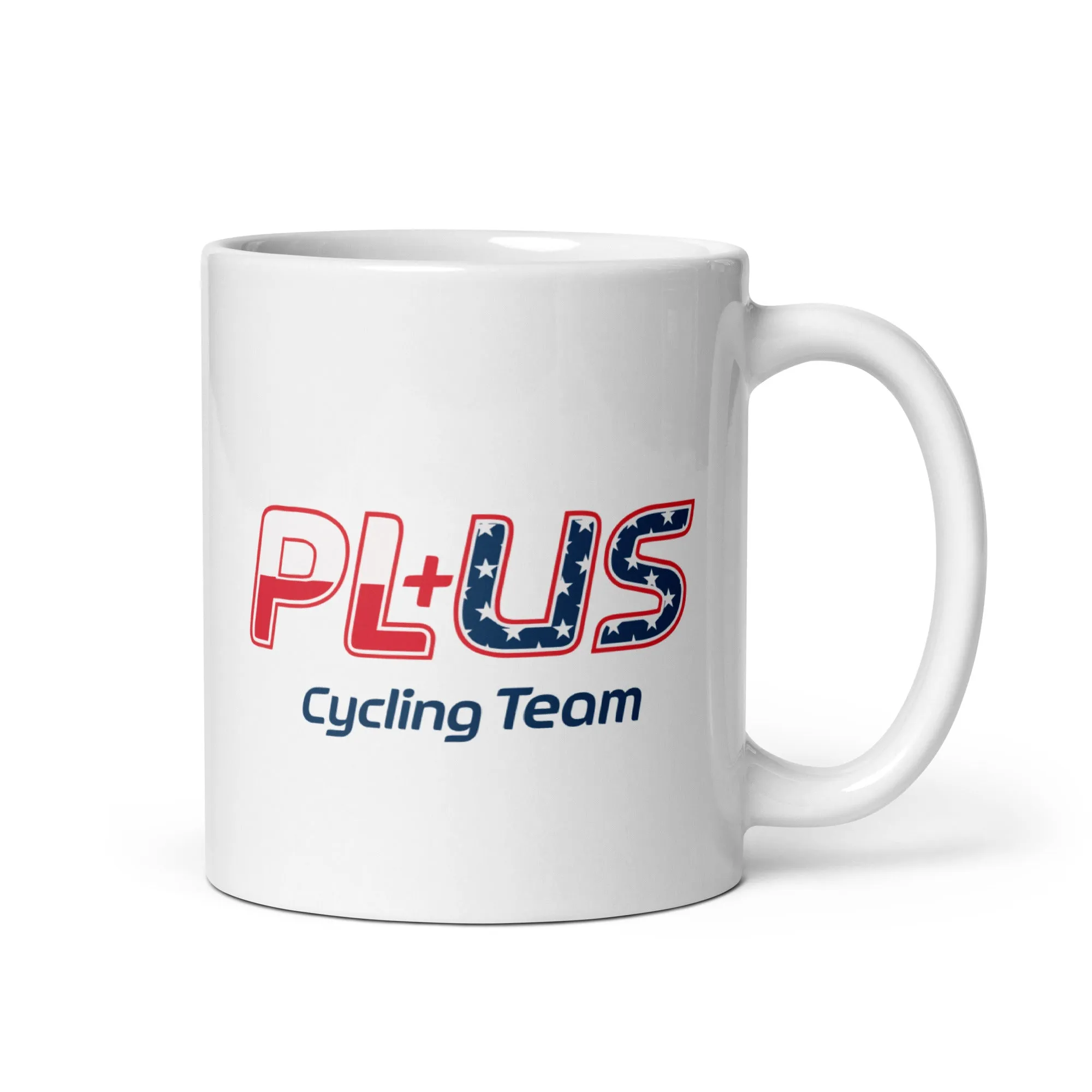 PLUS CYCLING White glossy mug