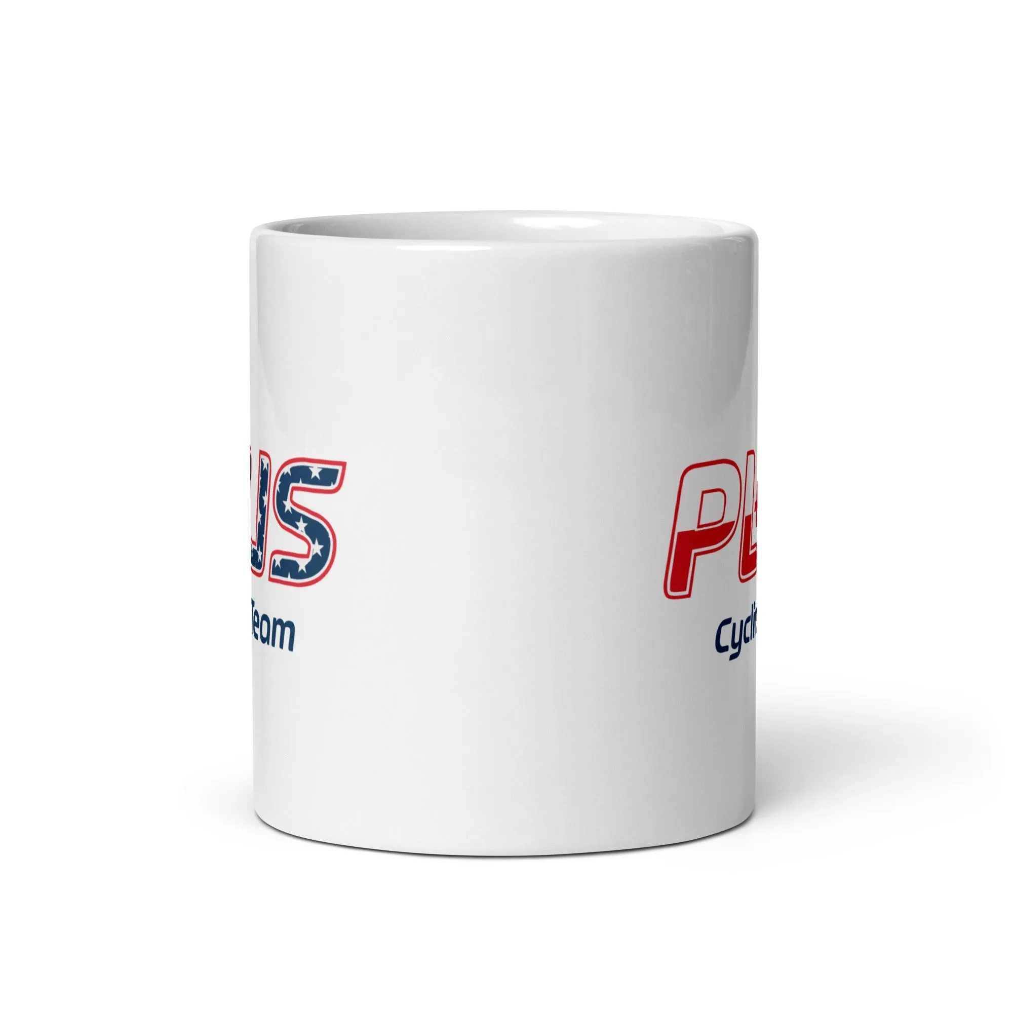 PLUS CYCLING White glossy mug