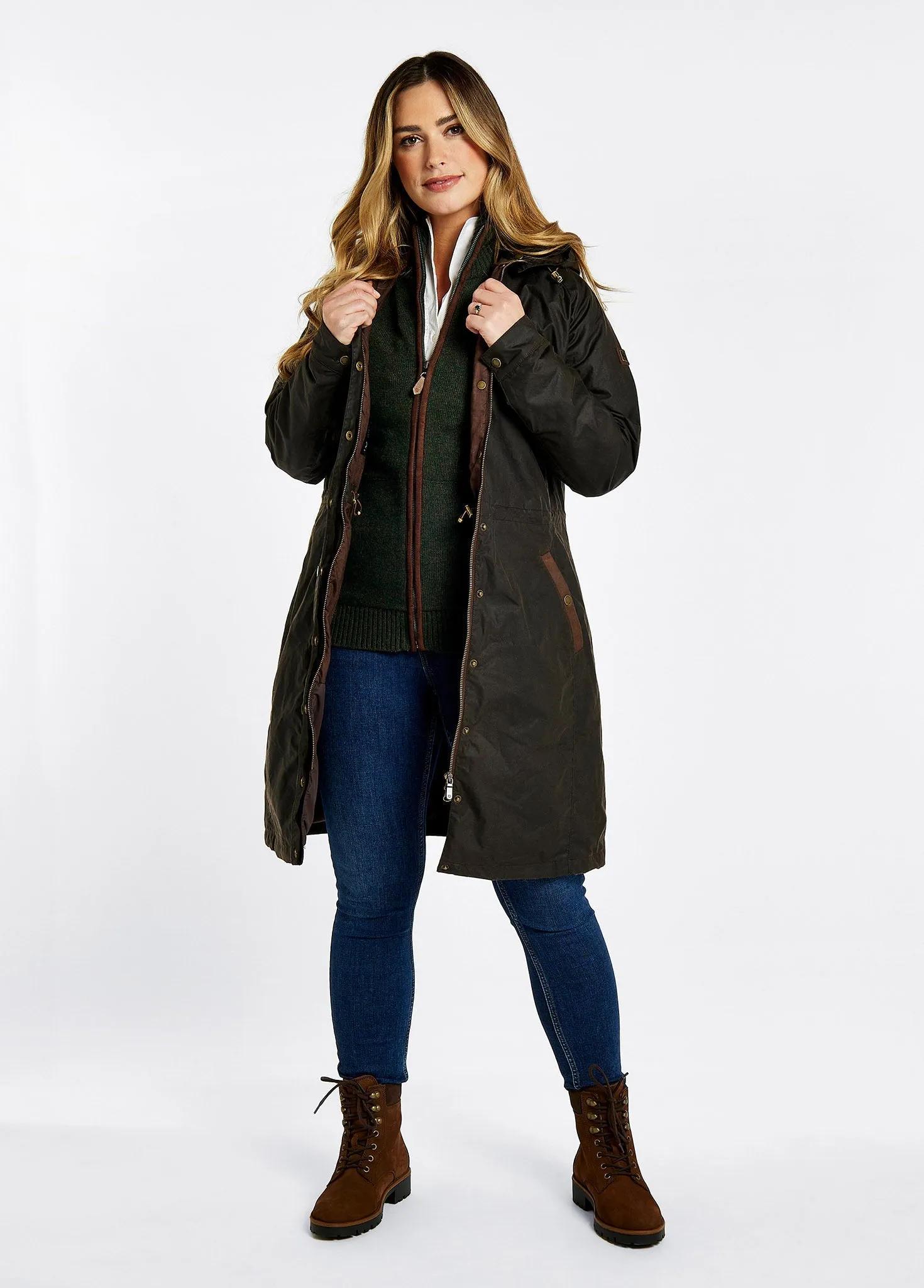 Redington Ladies Long Waxed Coat - Verdigris