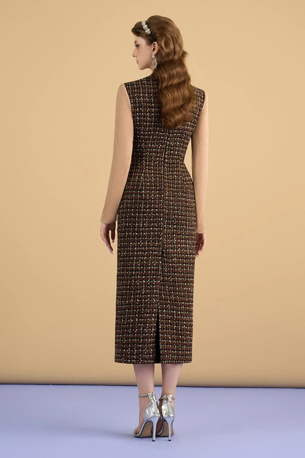 Sariah Sheath Long Sleeved Tweed Midi Dress