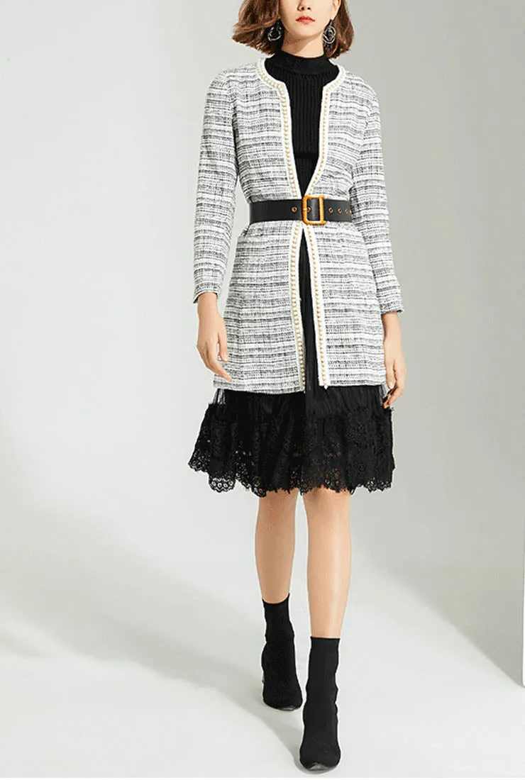 Striped Mid-length Cardigan With Pearl