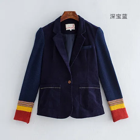 Toyouth Women Single Button Blazer Short Design Cotton Long-Sleeve Slim Blazer Color Block Patchwork Women Blazers