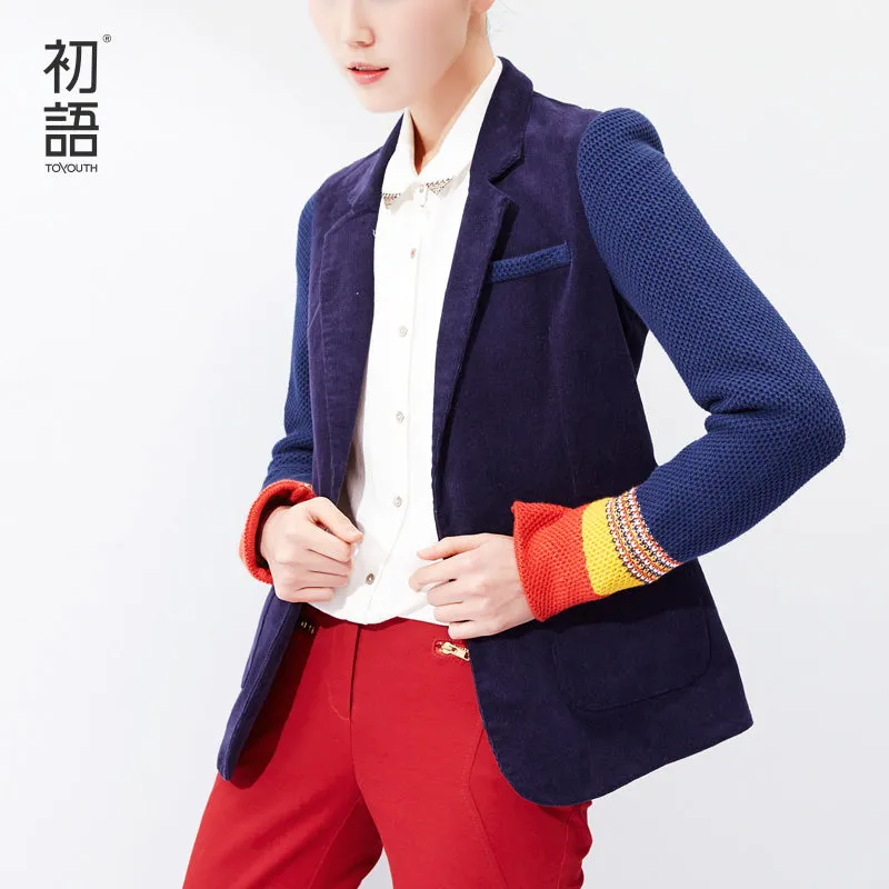 Toyouth Women Single Button Blazer Short Design Cotton Long-Sleeve Slim Blazer Color Block Patchwork Women Blazers
