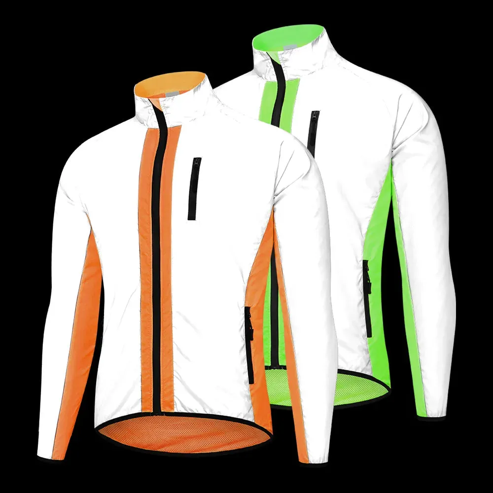 Ultralight Reflective Men Cycling Jacket Waterproof Riding Running Windbreaker Mix Of Fluorescent Coloured Silver Panels
