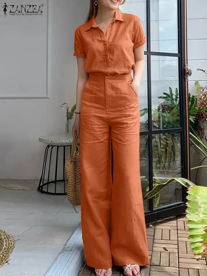 Women's Set Stylish Lapel Shirt Wide Leg Pants Set 000993029