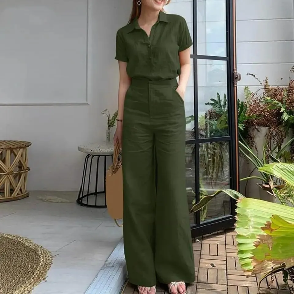 Women's Set Stylish Lapel Shirt Wide Leg Pants Set 000993029