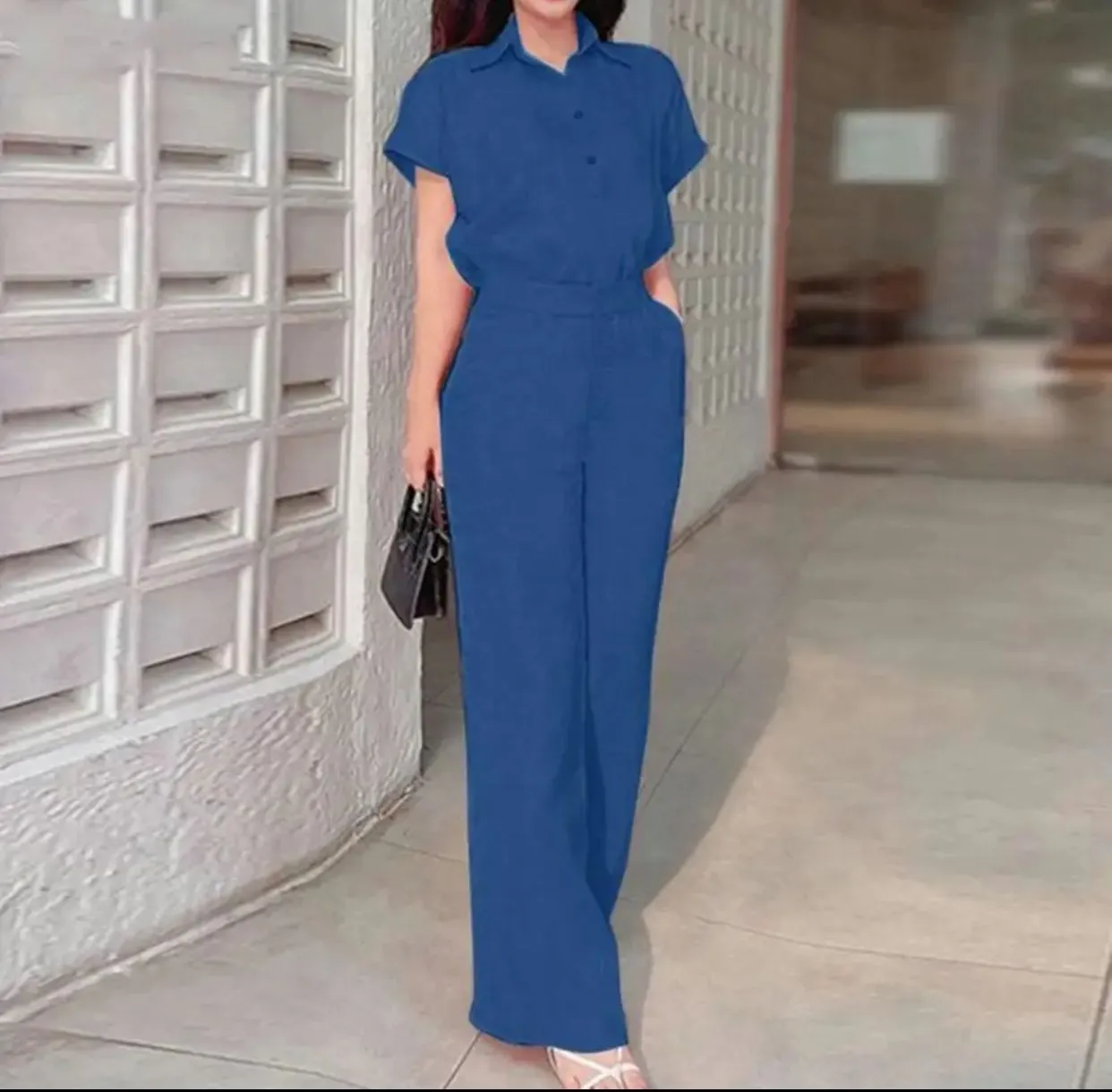 Women's Set Stylish Lapel Shirt Wide Leg Pants Set 000993029