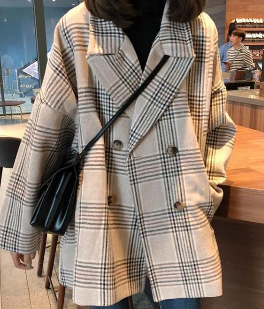 YOUNG STORE 03 - Original Women Autumn Winter Plaid Trench Coat Long Clothes Overcoat With Cotton Inside Plus Size Manteau Femme Casaco Feminino